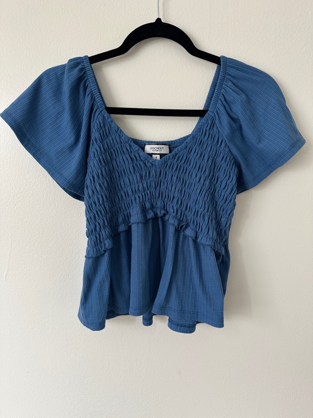 Discreet Blue Smocked Peplum Flutter Sleeve Crop Top